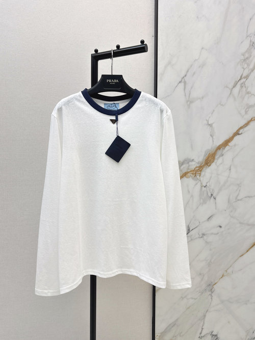 Prada Cotton Long-Sleeve Round-Neck T-Shirt with Triangle Logo