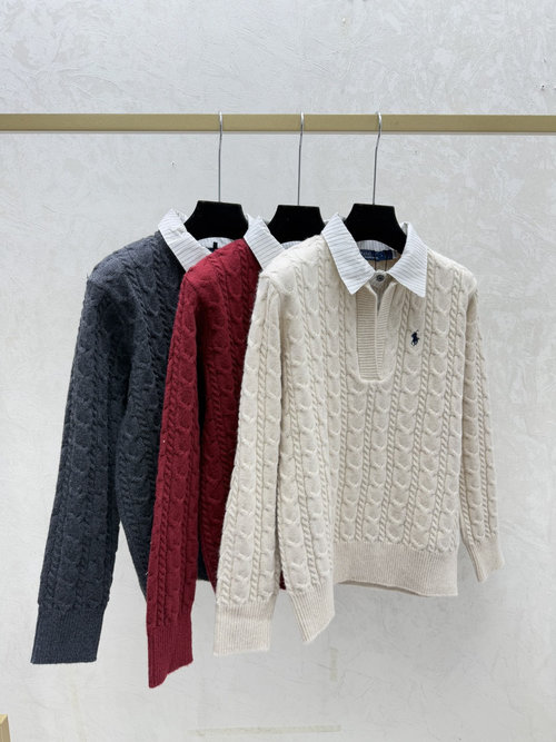 Polo Ralph Lauren Contrast Color Lapel Apricot, Red and Gray Knit Long Sleeve