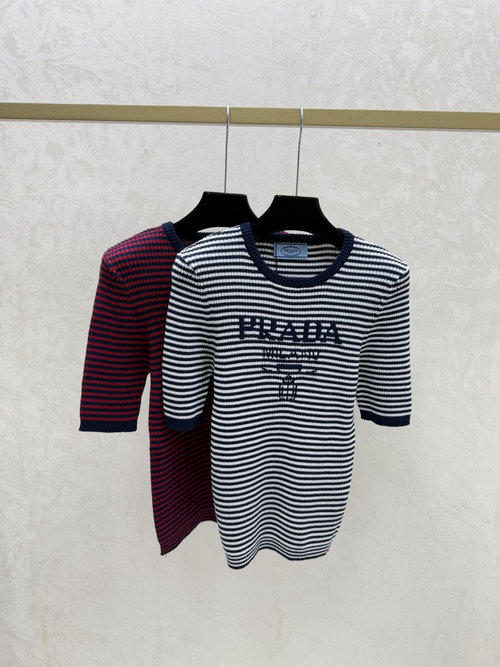 Prada Red or Sapphire Blue Contrasting Color Letter Striped Round-Neck Knitted Short-Sleeve
