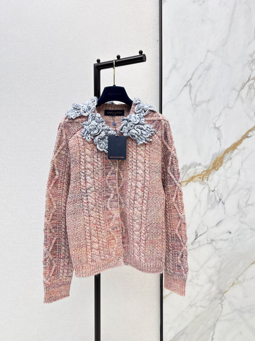 Louis Vuitton Cinnamon Pastel Yarn Wool Cardigan with 3D Flowers