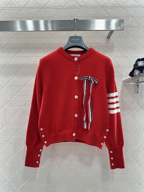 Thom Browne Soft Wool Knit Cardigan with Dog & Bow