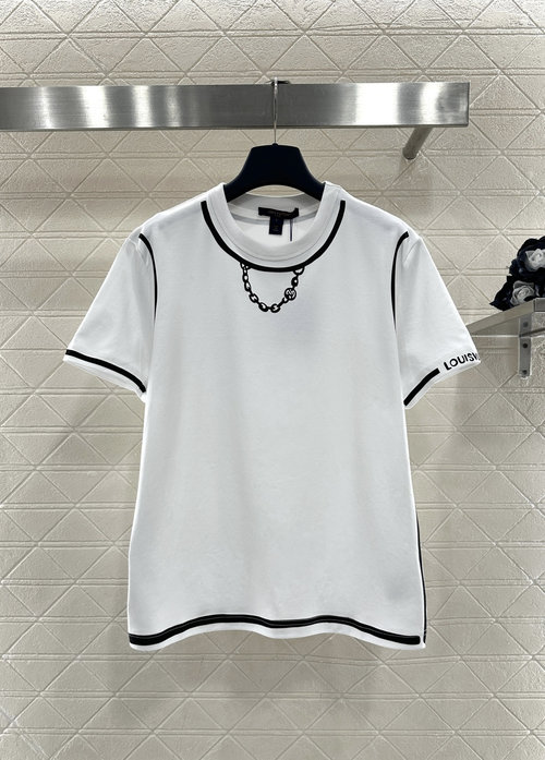 Louis Vuitton Chain Print Cotton Tee with Black Trim, Metallic Accent Details