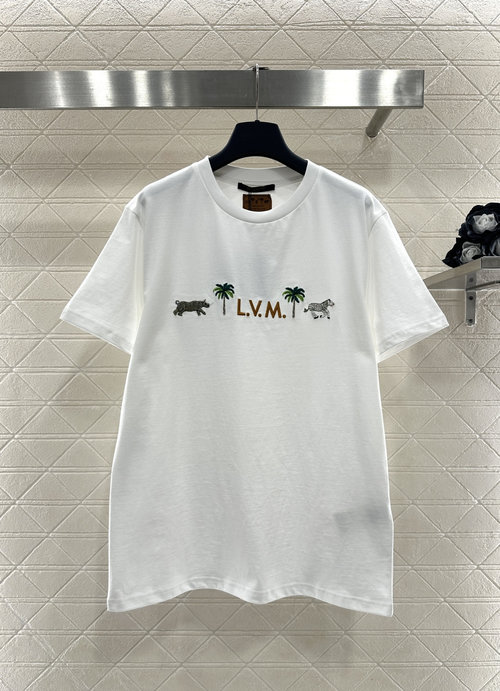 Louis Vuitton Tropical Animal & Letter Embroidered Cotton Tee, Pure White Charm