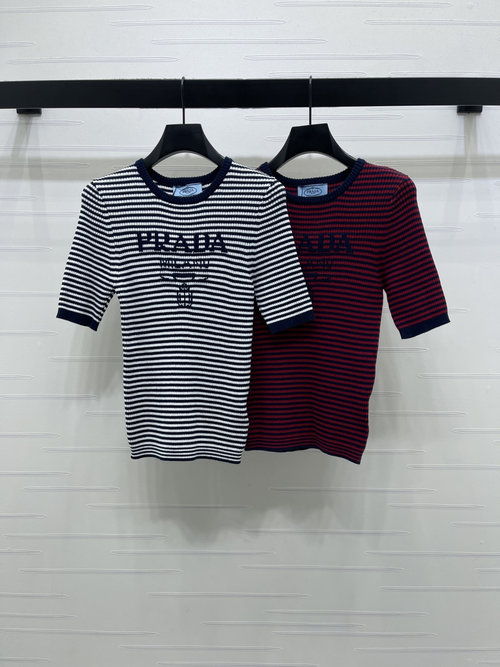 Prada Color-Blocked Striped Knit Short-Sleeved Top with Emblem