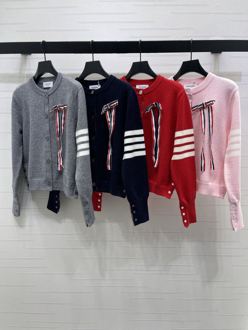 Thom Browne Stereoscopic Bow Round Neck Knitted Cardigan, Soft Wool