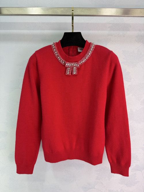 Valentino Red Knit Sweater with Bow and Rhinestones