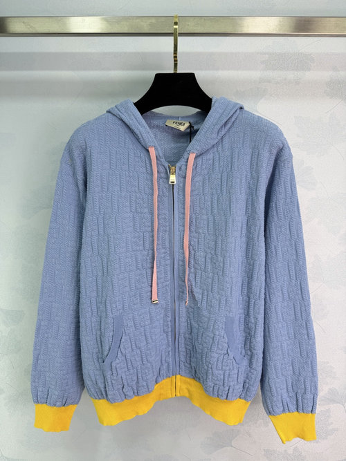 Fendi Color Block Knit Hoodie Jacket with Metal Zipper