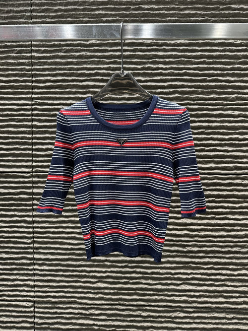 Prada New Arrival: Striped Round Neck Knit Short Sleeve