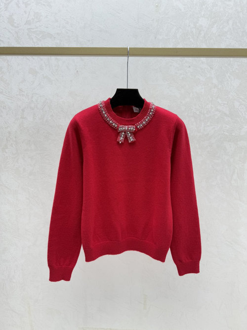 Valentino Heavy - Beaded Bowknot Knitted Long Sleeve in Red