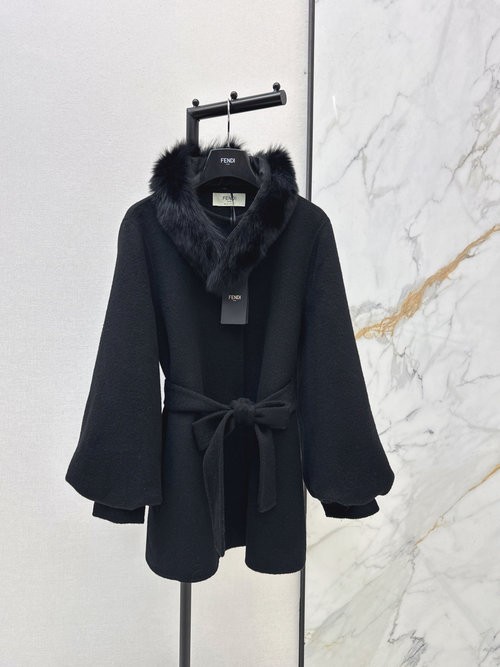 Fendi Fox Fur Decorated Mid-length Woolen Coat with Detachable Collar
