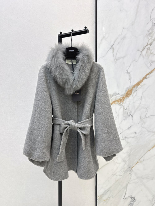 Fendi Fox Fur Decorated Mid-length Woolen Coat with Detachable Collar
