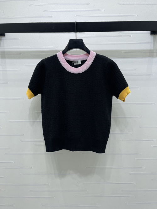 Fendi Spring Jacquard Round Neck Knit Short-Sleeve Top