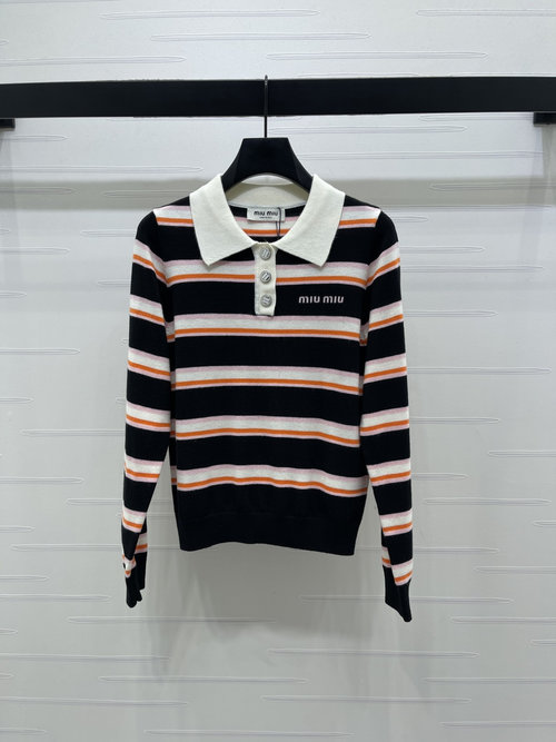 Miu Miu Wool Knit Striped Collared Top with Logo