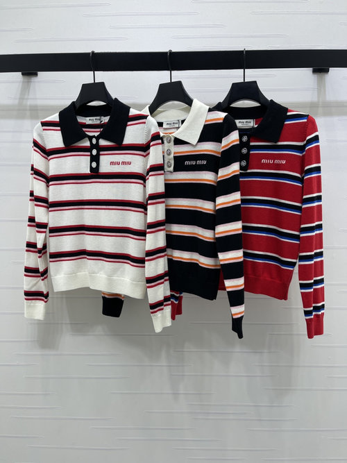 Miu Miu Wool Knit Striped Collared Top with Logo