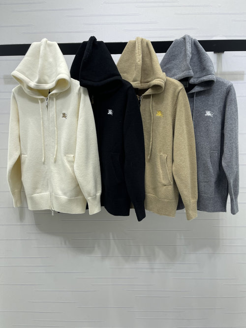 Burberry Knitted Hooded Zipper Cardigan with Horse Logo