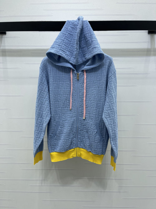 Fendi Hooded Knit Cardigan with Jacquard and Color-blocking