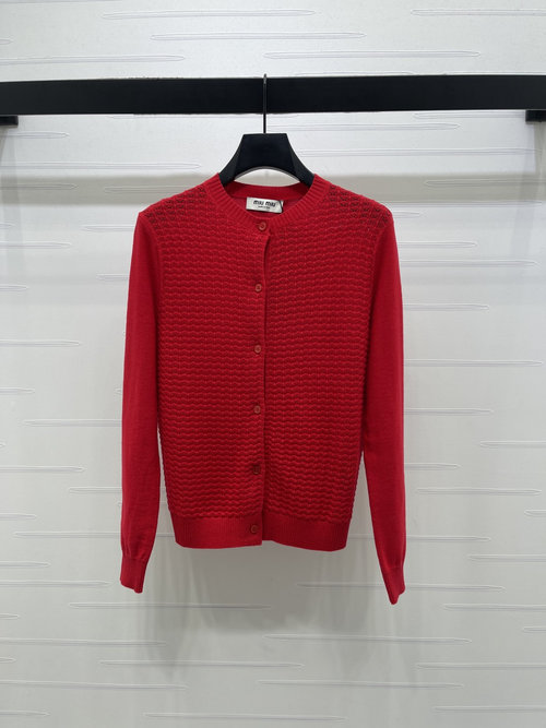 Miu Miu Red Round-Neck Knit Cardigan with Airlume Hollow
