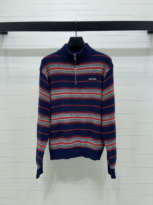 Miu Miu Knit Striped Collared Long Sleeve with Logo