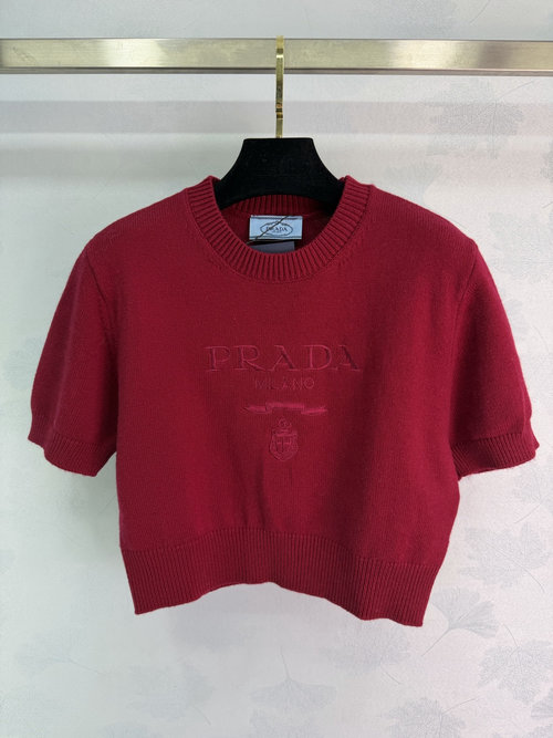 Prada Dark Blue Short - Sleeve Knit with Classic Brand Embroideries