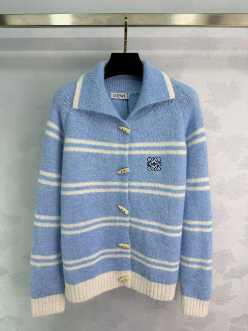 Loewe Blue and White Striped Cardigan with Anagram Embroidery