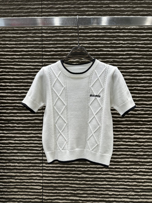 Miu Miu Embroidered Letter Checked Knitted Short-sleeved Top