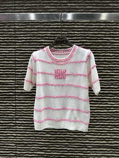 Miu Miu Knitted Short-sleeved Top with 3D Letter Craft