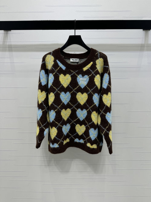Miu Miu High - Quality Checkerboard Heart Logo Round Neck Long - Sleeve Sweater