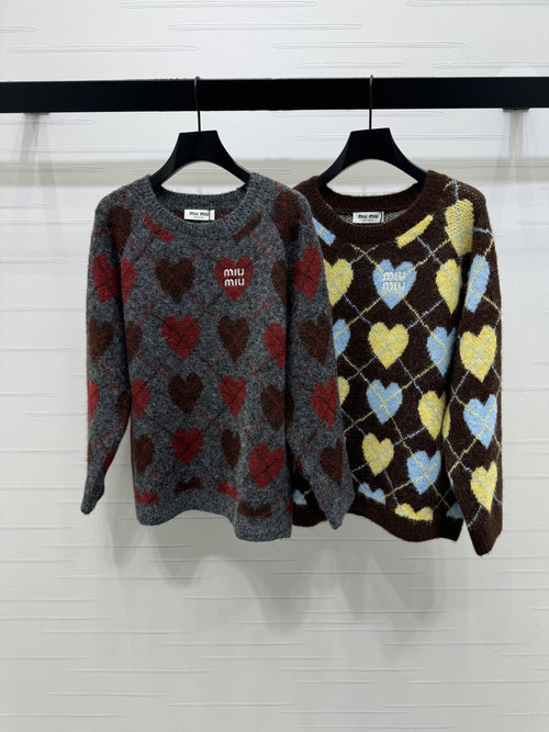 Miu Miu High - Quality Checkerboard Heart Logo Round Neck Long - Sleeve Sweater