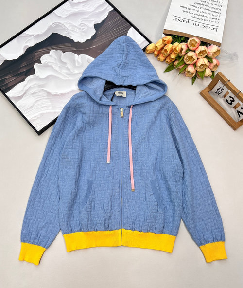 Fendi Hooded Jacquard Knit Coat with Color Collision Design