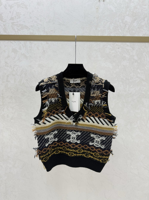 Celine Contrast Color Letter V-Neck Knitted Vest in Black