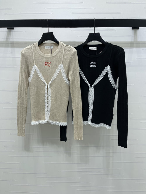 Miu Miu Knit Long-Sleeve Two-Piece with Lace and Logo