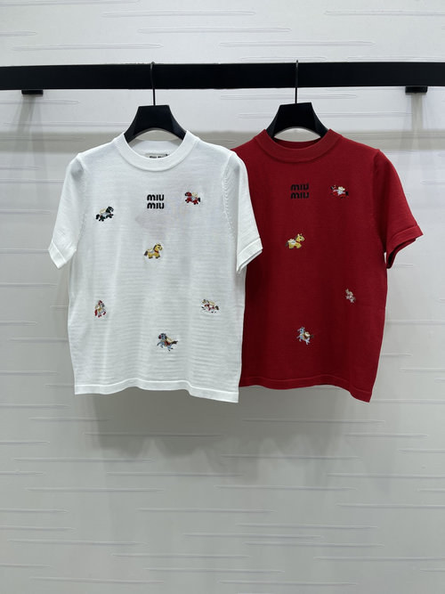 Miu Miu Early Spring Embroidered Round Neck Knitted Short Sleeve