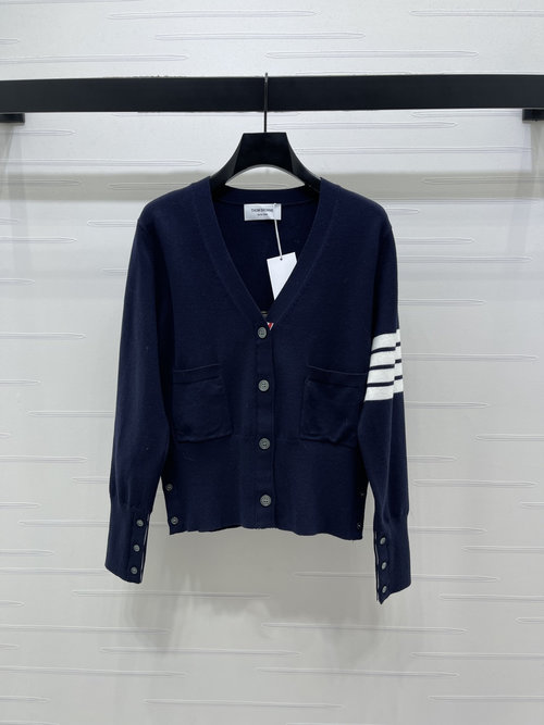 Thom Browne V-Neck Long-Sleeve Cardigan with Hooked Texture