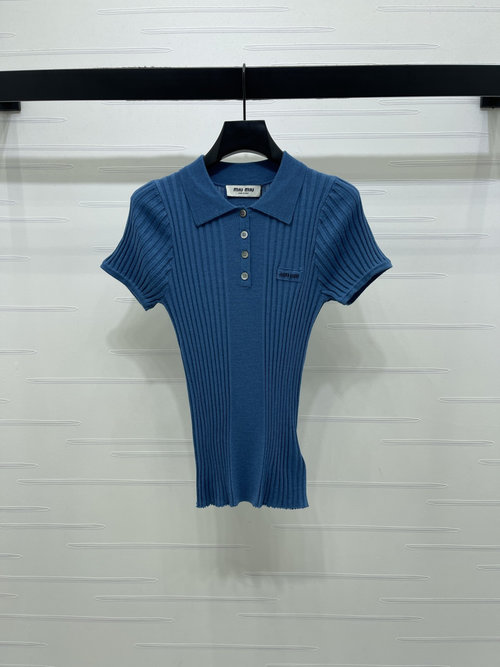 Miu Miu Turn-Down Collar Half-Open Logo Knit Short Sleeve, New Series