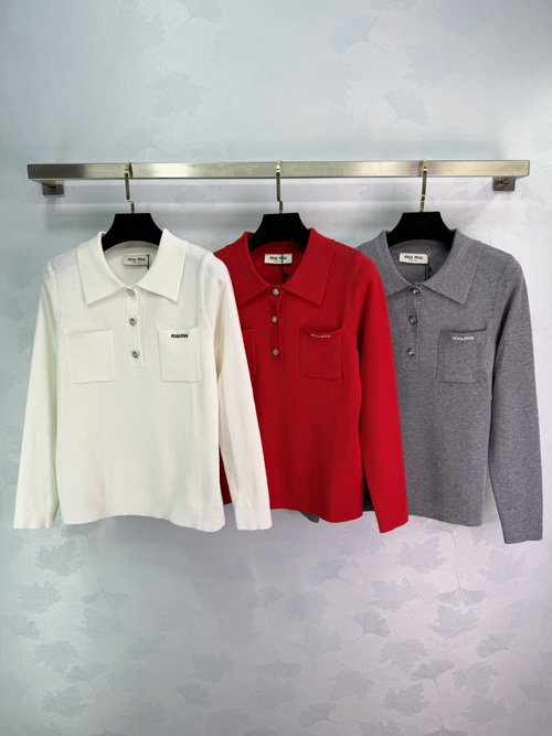 Miu Miu Collared Half-open Logo Knit Long Sleeve, Chic and Fitted