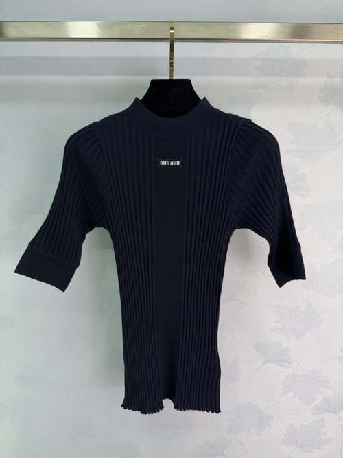 Miu Miu Custom YB Wool Knit Mid - Sleeve Top with Contrast Rib