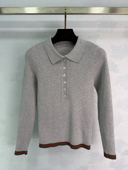 Gucci Pure Color Collared Knit Long Sleeve with Contrast Trim