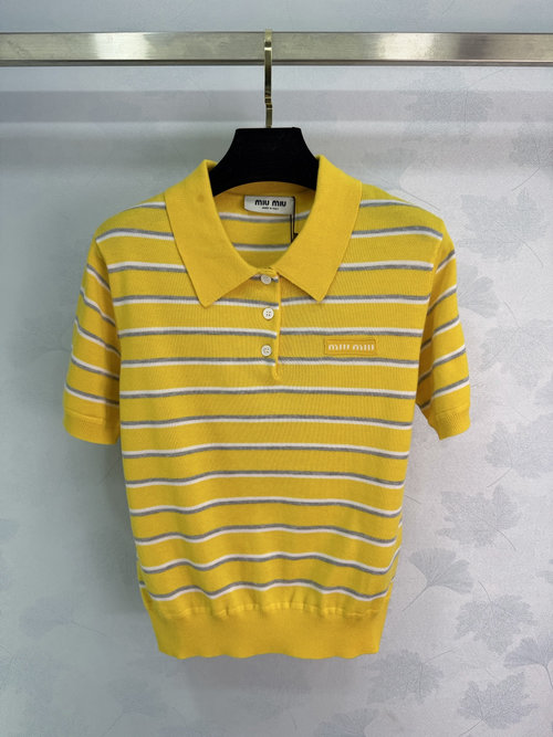 Miu Miu Classic Yellow Striped Knit Polo Shirt with Brand