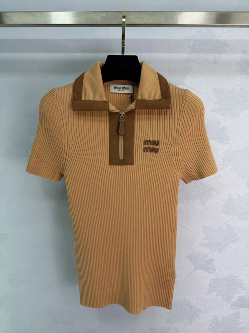 Miu Miu Sophisticated Color-Block Knit Polo Shirt with Half Zip