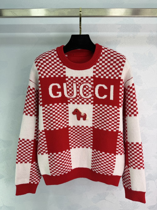 Gucci Red Checkered Knit Shirt with Pony Logo and Classic Design