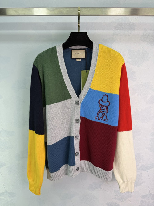 Gucci Rainbow Spliced Cashmere Cardigan with Whimsical Cartoon Embroidery