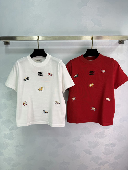 Miu Miu Early Spring Cartoon Horse Embroidered Knit Short Sleeve