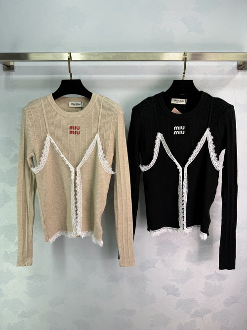 Miu Miu Elegant Lace-Trimmed Knit Top with Logo