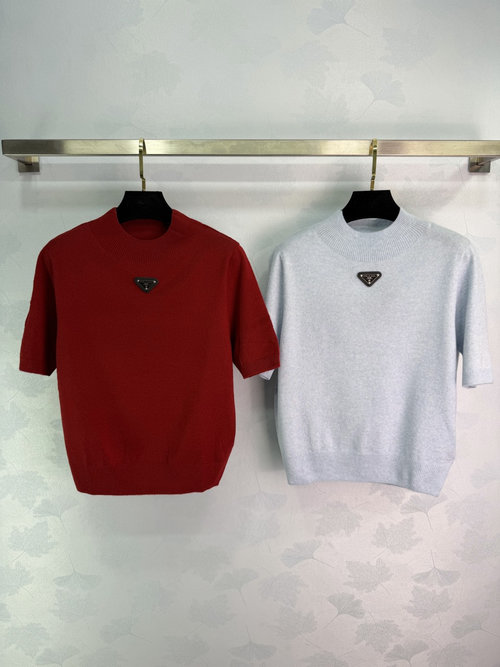 Prada Customized Wool Knit Short-Sleeve with Triangle Logo, Fashionable