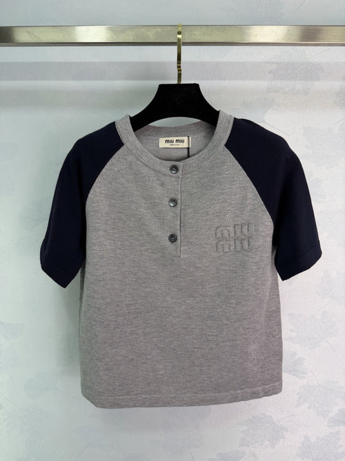Miu Miu Soft Wool Color-Block Short Sleeve with Brand
