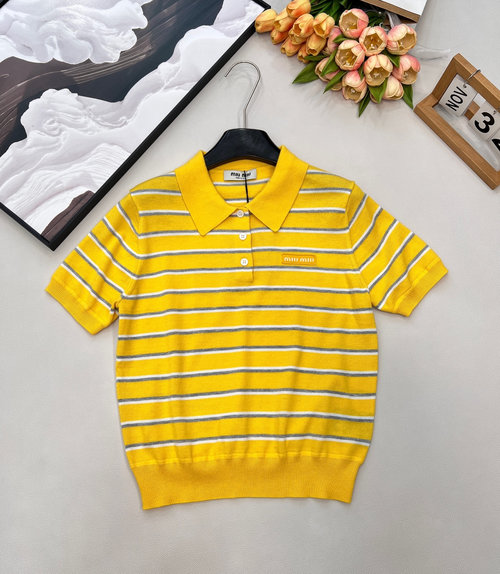 Miu Miu Soft Knit Striped Short-Sleeve, Sweet & Versatile