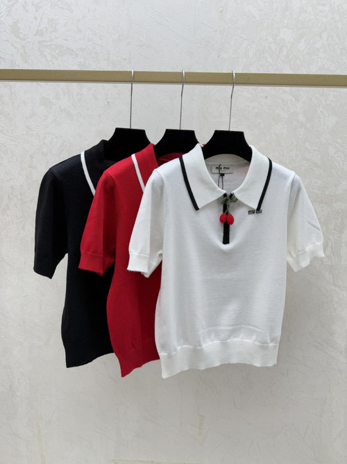 Miu Miu Contrasting White, Red and Black Cherry Collar Knit Short Sleeve