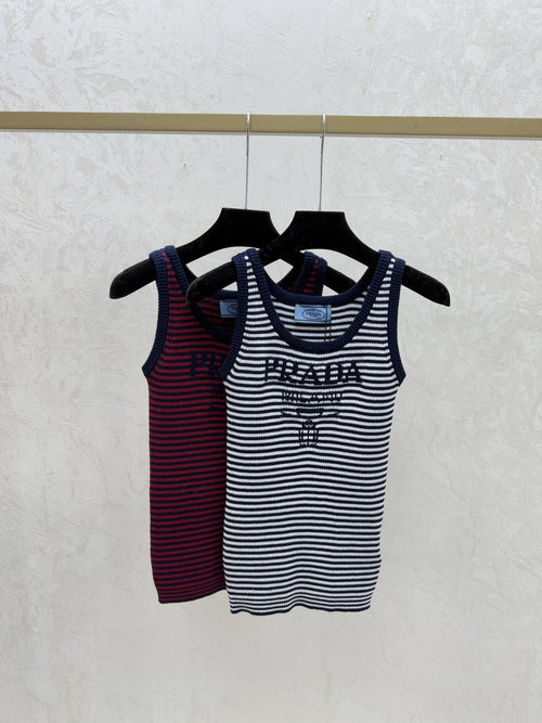 Prada Contrast Stripe Round Neck Knit Vest in Navy and Red