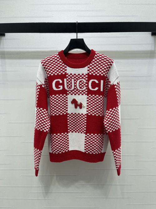 Gucci Checkered Pony Embroidery Knit Sweater, Soft and Stylish