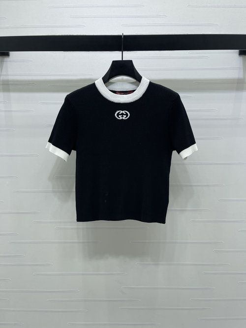 Gucci Knit Short-sleeve Top with Embroidered Logo and Trim